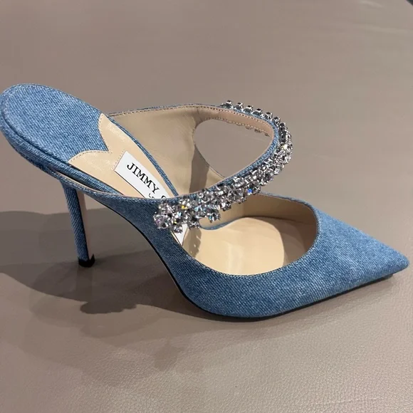 Jimmy Choo Bing 100 Crystal Embellished Strap Denim Mule Heels - Picture 2 of 6